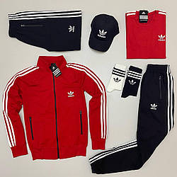 Спортивний костюм чоловічий Adidas шорти футболка кепка весняний осінній адідас чорний-червоний