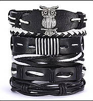 Широкий чоловічий шкіряний браслет Сова