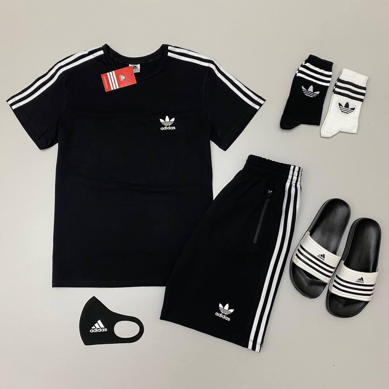 Футболка шорти сланці шкарпетки Adidas спортивний костюм чоловічий літній адідас чорний