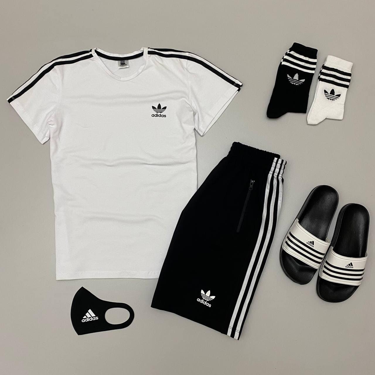 Спортивний костюм чоловічий літній Adidas футболка шорти сланці шкарпетки адідас чорний-білий, фото 1