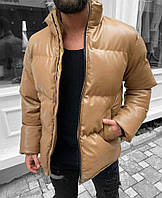 Мужская стильная зимняя курточка пуховик коричневая пуховик из Эко-кожи коричневый