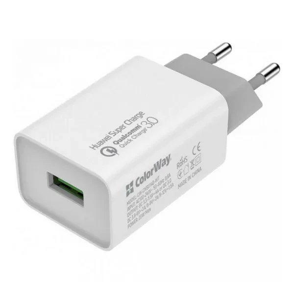 Адаптер живлення для телефона ColorWay CW-CHS014Q-WT White (1 USB Huawei Super Charge/Quick Charge 3.0, 4A 20W ), фото 1
