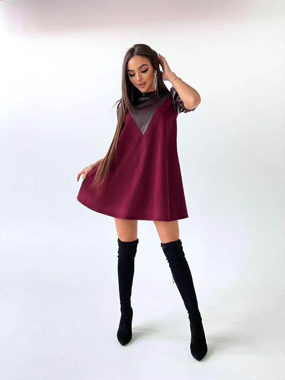 Вільне замшеве мініплаття зі вставкою з екошкіри, фото 1
