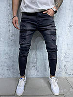 Мужские стильные зауженные джинсы чёрные базовые с потёртостями Турция 2022