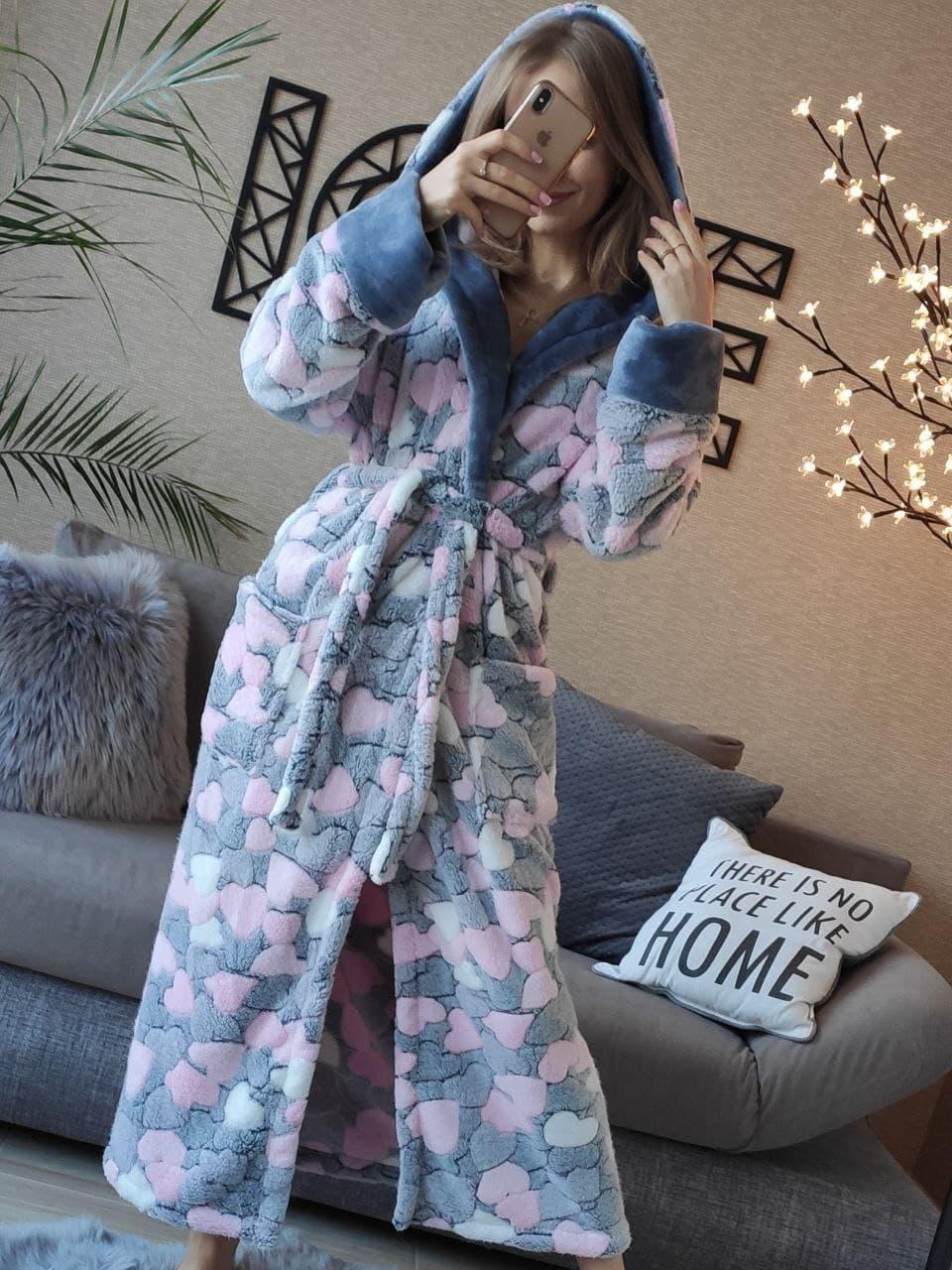 Жіночий теплий довгий махровий халат із серцем Туреччина
