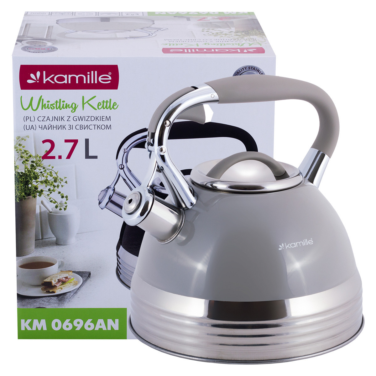 Чайник Kamille KM-0696AN Бежевий 2.7 л з нержавіючої сталі зі свистком і ручкою з покриттям soft-touch для індукції