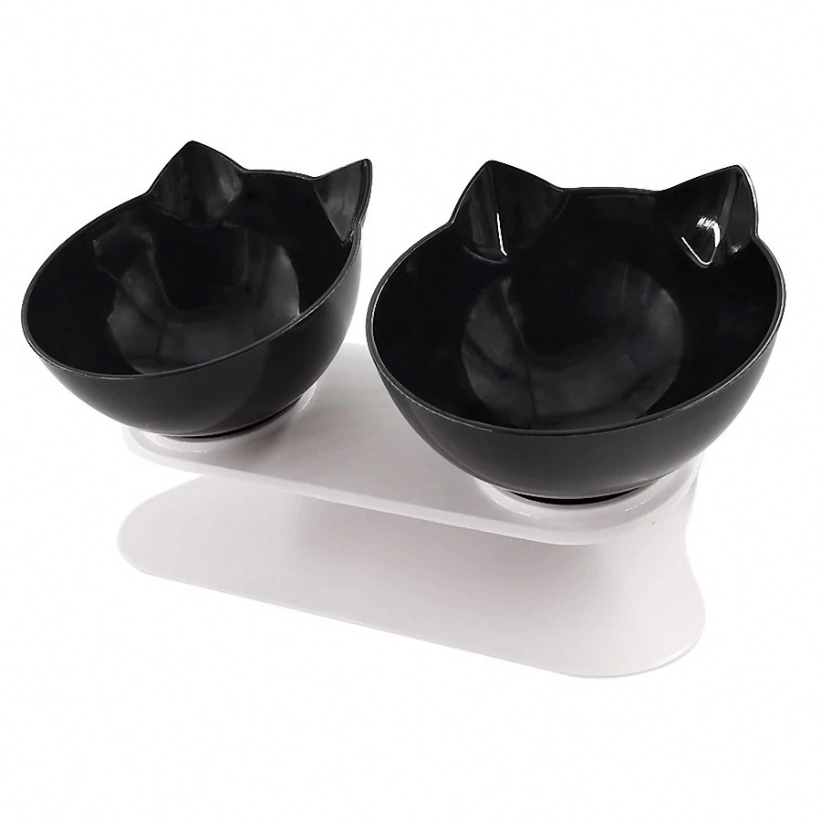 Миска для кота подвійна з нековзною похилою підставкою з ABS пластику Feeding Bowl чорна (FВ-26438)