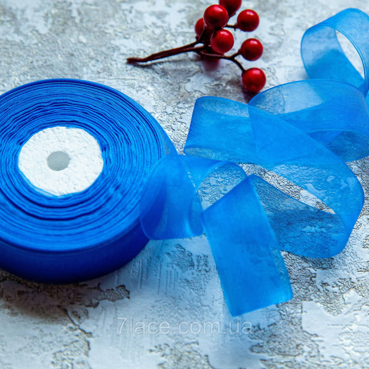 Стрічка з органзи, стрічка органза / колір синій / ширина 2,5 см / бобіна 23 м, фото 1