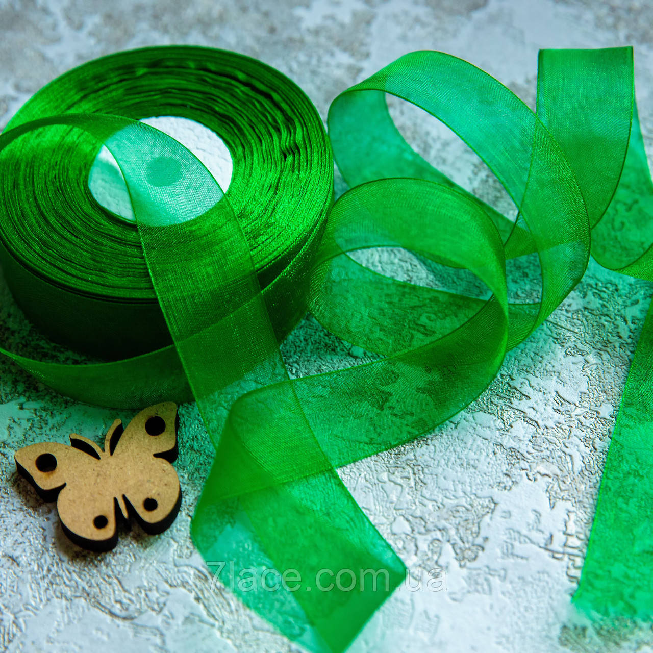 Стрічка з органзи, стрічка органза/колір зелений/ширина 2,5 см/бобіна 23 м, фото 1