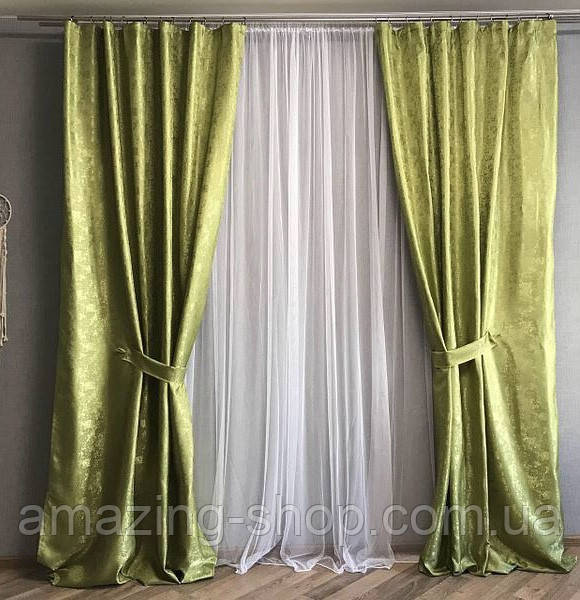 Комплект однотонний жакардових штор на тасьмі 150х270 см Колір Салатовий, фото 1