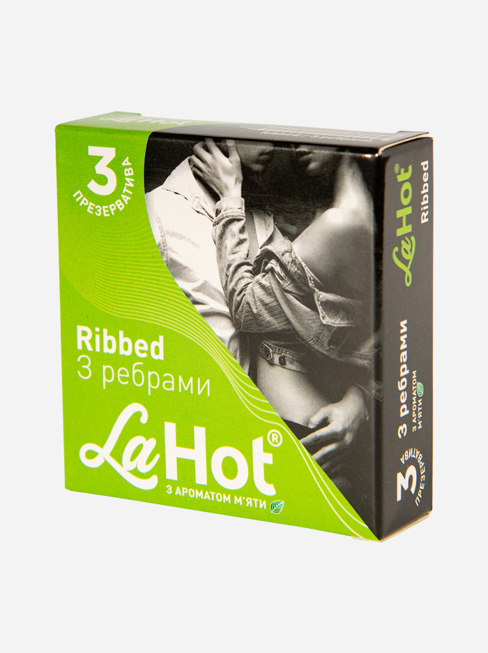 Презервативи латексні ребристі з ароматом м'яти La Hot Ribbed паковання 3 штуки, фото 1