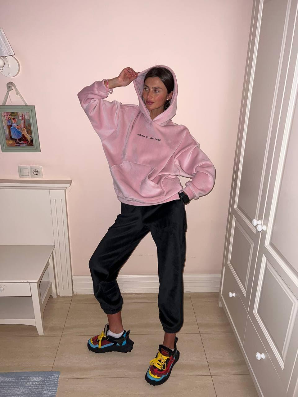 Крутий костюм вільного крою велюр плюш худі з кишенями і джогери Dld4222