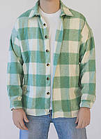 Мужская стильная качественная байковая рубашка в клетку зелёная с белым