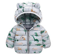 Детская демисезонная курточка с ушками и динозаврами. Серая куртка для мальчиков