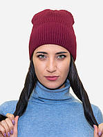 Теплая женская вязаная шапка зимняя в рубчик с отворотом Лео black модная бини Бордовый