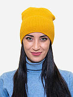 Теплая женская вязаная шапка зимняя в рубчик с отворотом Лео black модная бини Желтый