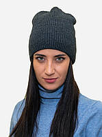 Теплая женская вязаная шапка зимняя в рубчик с отворотом Лео black модная бини Серый