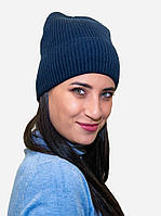 Теплая женская вязаная шапка зимняя в рубчик с отворотом Лео black модная бини Синий