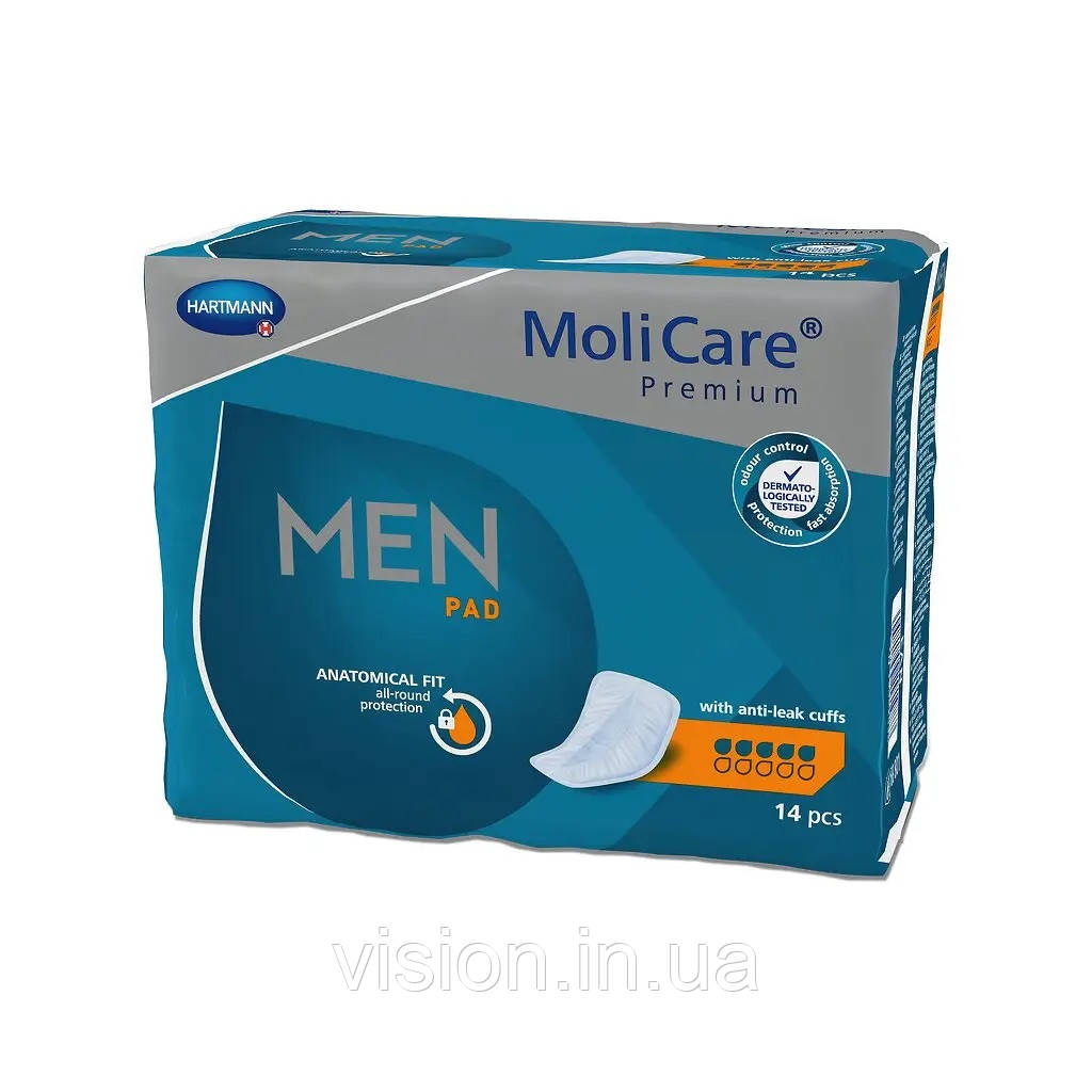 Прокладки урологічні для чоловіків MoliCare® Premium MEN PAD 5 крапель 14шт, V-подібної форми з манжетами, фото 1