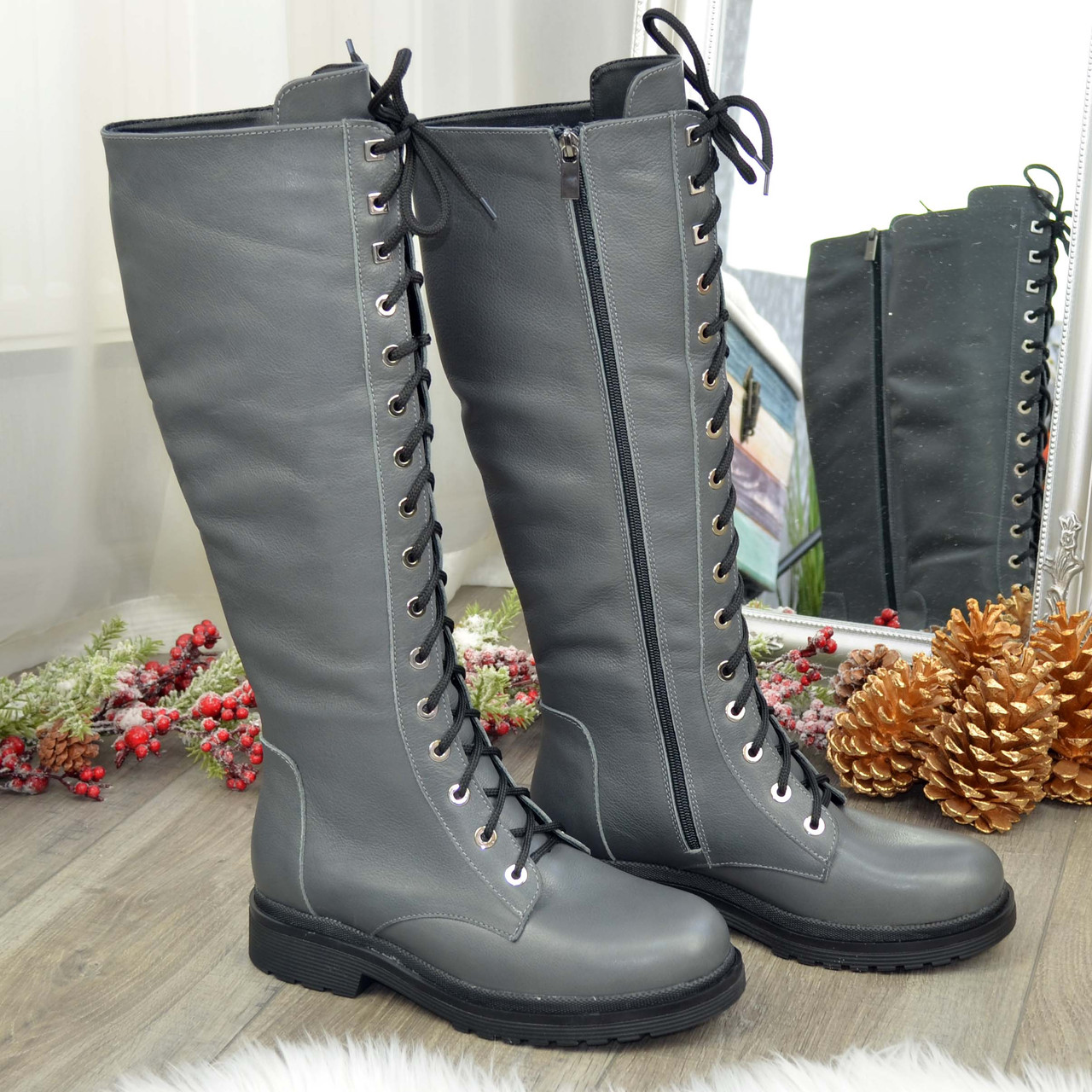 Чоботи жіночі високі на шнурівці, колір сірий, фото 1