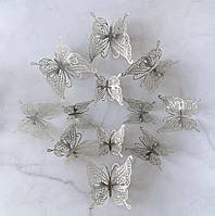 Метелики декоративні на стіну та меблі 12 штук сріблястий