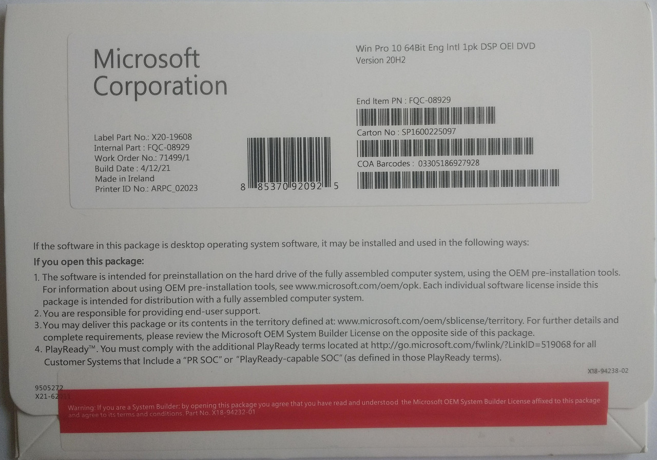 Microsoft Windows 10 Professional Професійна 32/64-bit English Англійська OEM DVD (FQC-08929)
