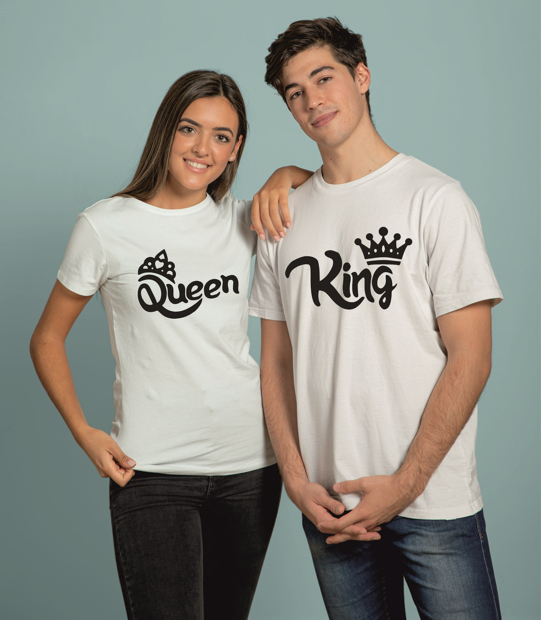 Парные футболки для влюбленных King Queen, парные футболки для двоих с надписями и принтами к 14 февраля - фото 1 - id-p1555846295