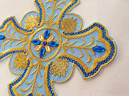 Хрест для церковного одягу великий 24 на 24 см синій з  стразами