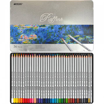 Кольорові олівці для малювання професійні Raffaine набір 36 кольорів у металевому пеналі
