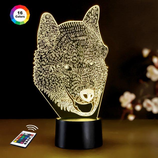 3D нічник "Вовк 4" (ВОЛІЧНЕ ЗОБРАЖЕННЯ)пульт ДК + мережевий адаптер + батарейки (3ААА) 3DTOYSLAMP, фото 1