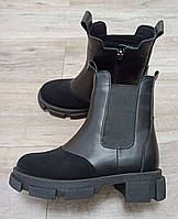 Детские зимние ботинки из натуральной кожи и замши с застёжкой молнией на тракторной подошве р.32-37