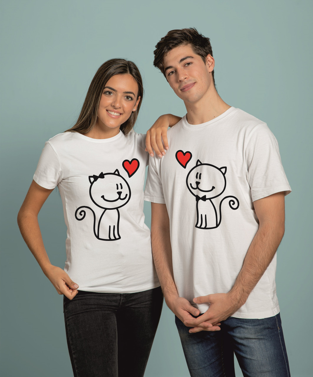 Парні футболки для двох закоханих із котиками, парний одяг на 14 лютого, однакові футболки для пари, фото 1