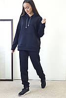Женский теплый спортивный костюм на флисе кенгуру черный. Размер 44-50