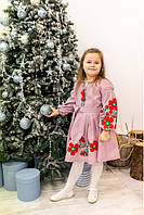 Вышитое платье для девочки Пражские цветочки, домотканное хлопковое полотно, р 116,122,128 пудра