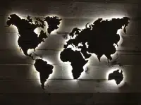 Дерев'яна карта Миру з LED підсвічуванням та гравіюванням 250х150 см чорна l-2500-1500g-black