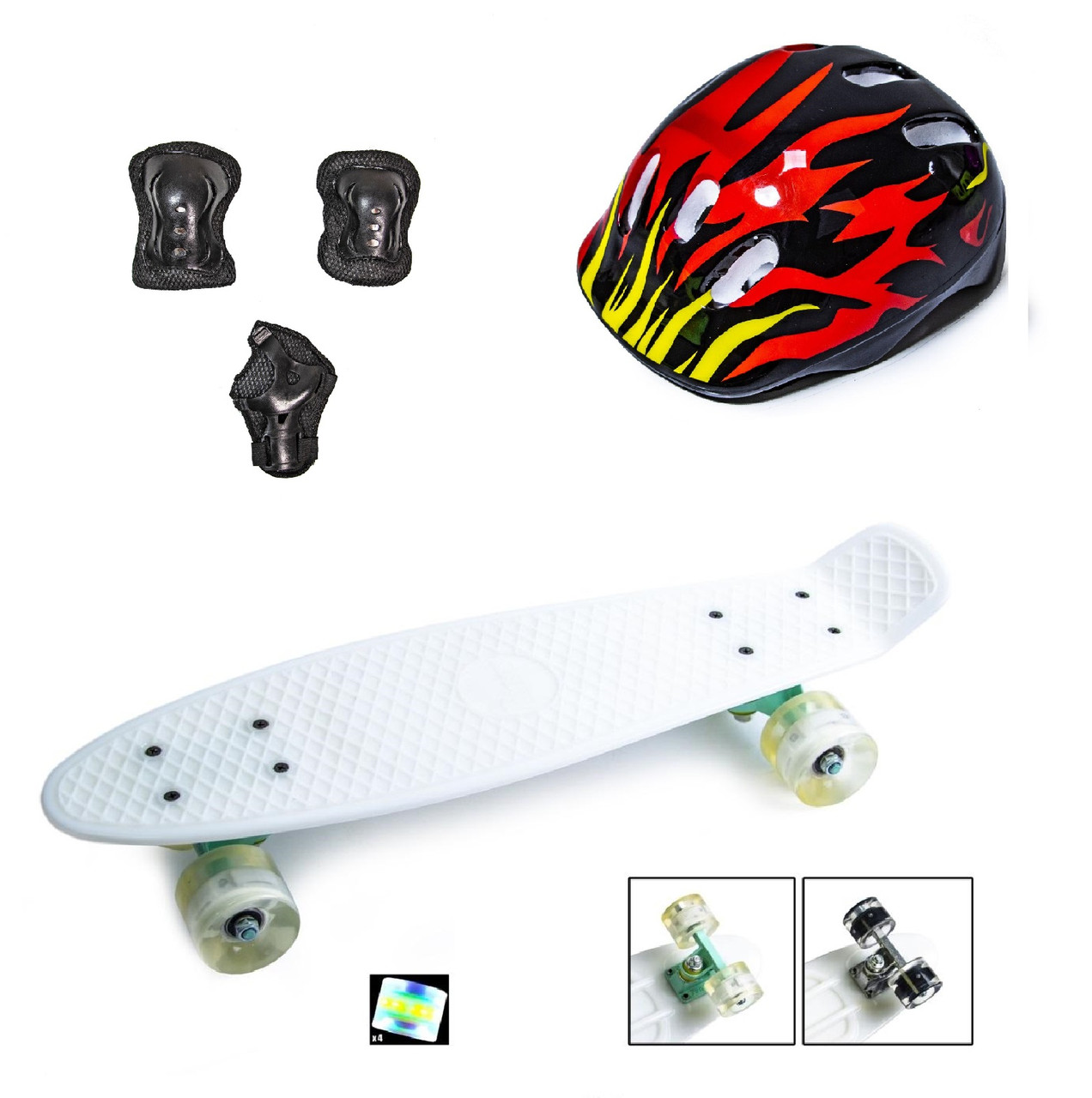 Скейтборд Penny Board. White+ захист + шолом. Світяться колеса!, фото 1