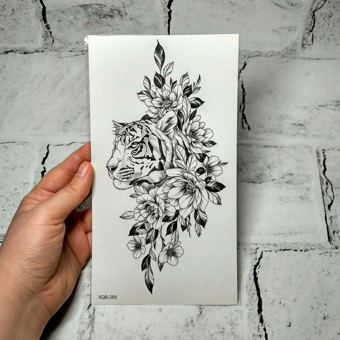 Флеш тату тимчасове татуювання на тіло Тигр в квітах Чорно-біла 11,5x21 см аркуш (XQB-289)