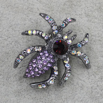 Брошка металева срібляста Павук із різнобарвними кристалами, що переливаються, розмір виробу 30х30 мм, фото 3