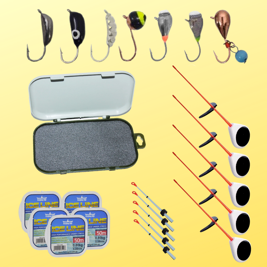 Комплект для зимової риболовлі, вольфрамові морми, вудки, кивки, зимова волосінь, фото 1
