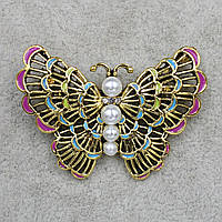 Брошка металева золотиста Метелик з перлами покрита кольоровою емаллю розмір виробу 50х30 мм