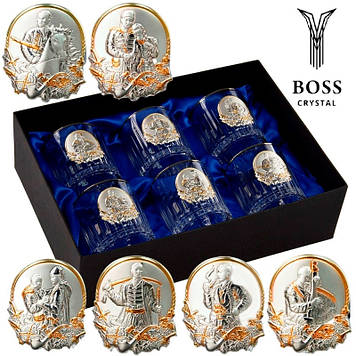 Кришталевий подарунковий набір чарок для горілки 6 шт з платиною Накладки Срібло Золото Boss Crystal Козаки