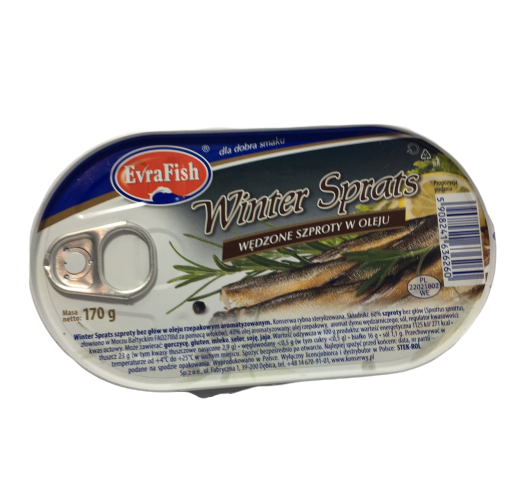 Шпроти в олії Evra Fish Winter Sprats, 170 г/б, Польща, цільними шматками