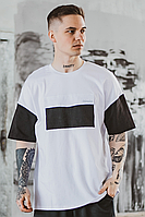Мужская трикотажная футболка свободная Оверсайз белая с черным