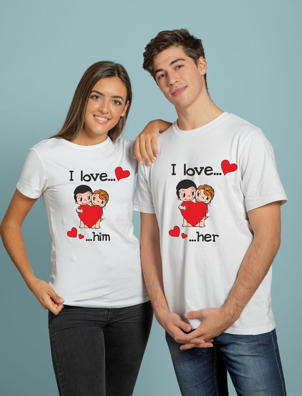 Любовні парні футболки для двох I love him, I love her з прикольними написами та принтами для закоханих