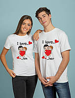 Любовные парные футболки для двоих I love him, I love her с прикольными надписями и принтами для влюбленных