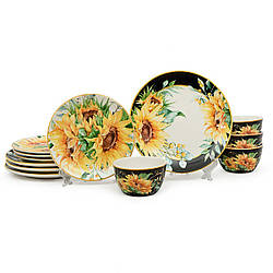 Яскравий столовий сервіз кераміка на 4 персони "Букет соняшників" 12 предметів