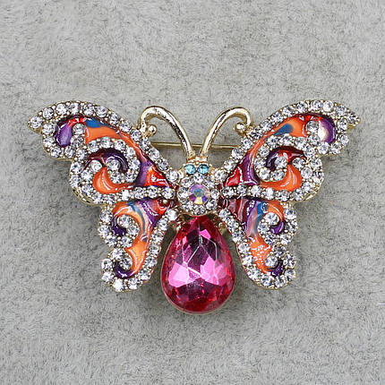 Брошка металева золотиста Метелик зі стразами покрита кольоровою емаллю розмір виробу 45х30 мм, фото 1