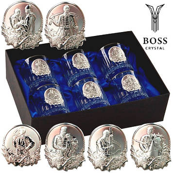 Кришталеві келихи для віскі Boss Crystal, Подарунковий набір склянок з платиною накладки срібло Козаки