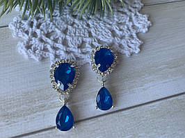 Стразовий декор "Камінь-крапелька з підвіскою" синя, 42*18 мм