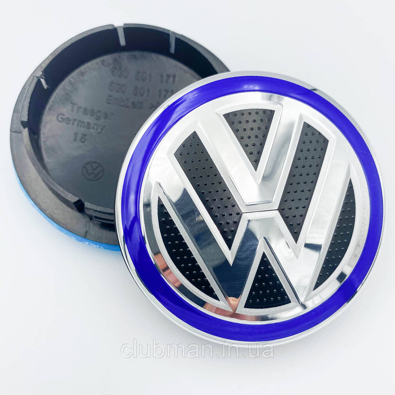Ковпачки (заглушки) на литі диски VW (Фольксваген) 65 мм Хром лого, Чорні Синій обідок (5G0601171)